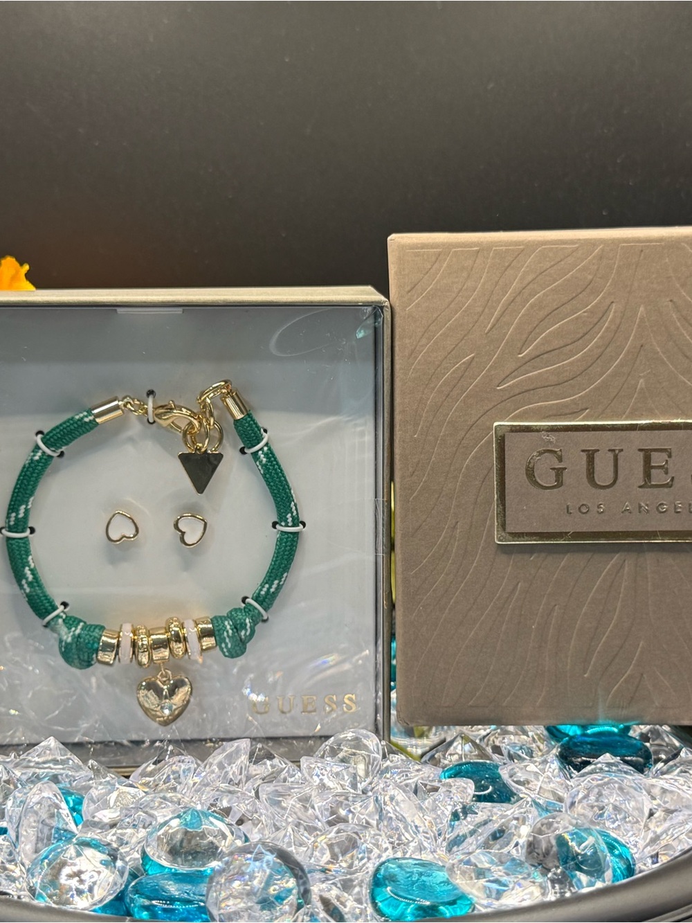 GUESS Green Cord Bracelet and Gold Heart Stud Earring Set